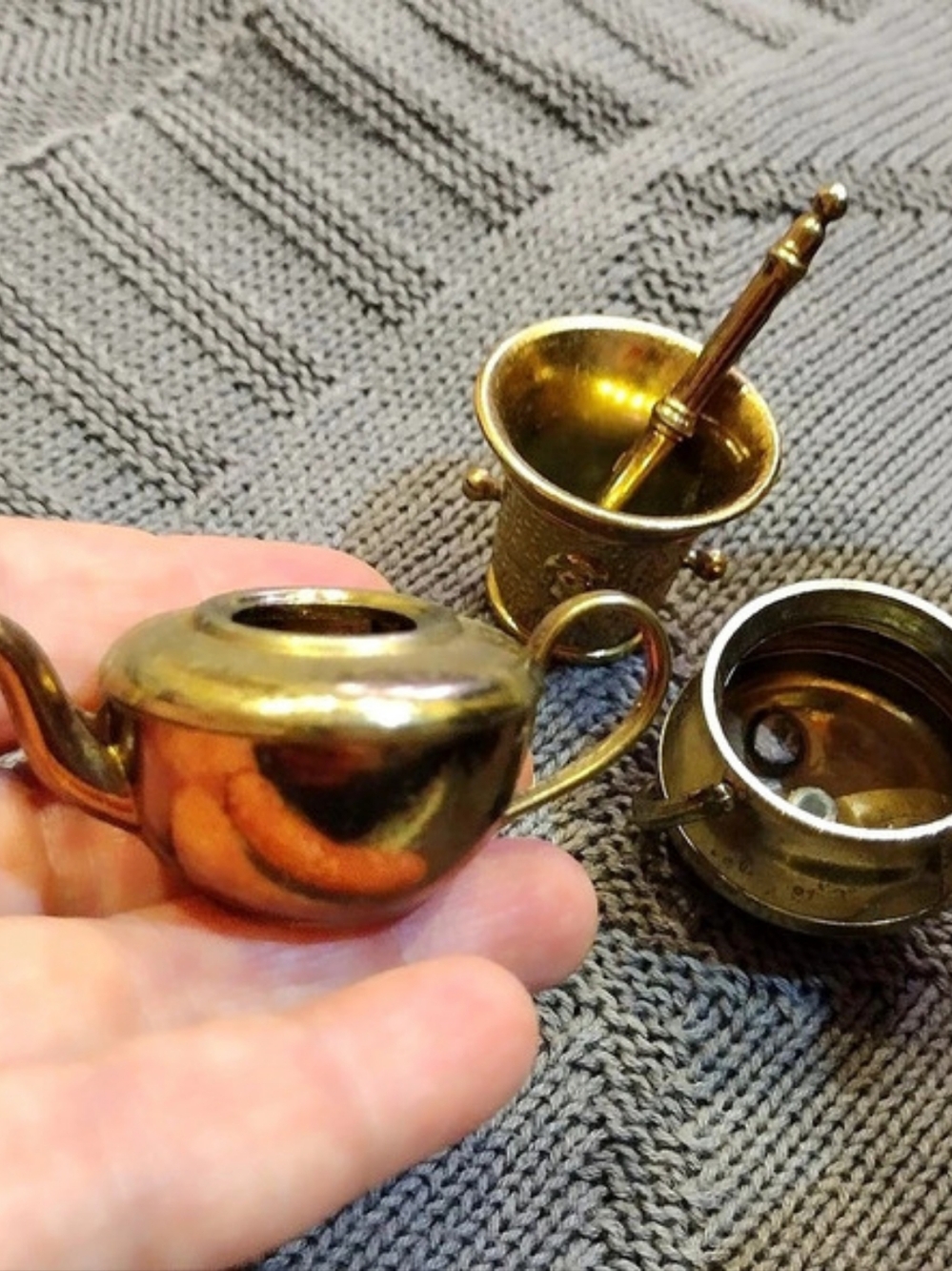 Vintage Miniature Metal  Doll House Accessories Decor Teapot Mortar Footed Pot